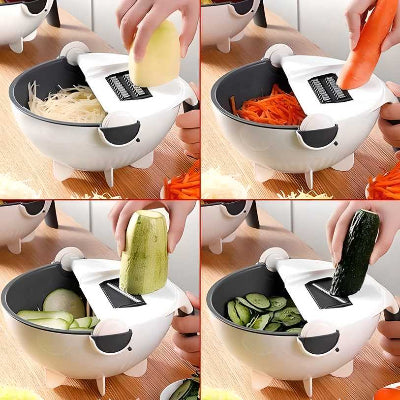 Multifunctional vegetable chopper being used to slice various vegetables on a wooden surface.