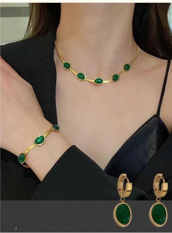 Oval Green Crystal Pendant Necklace Set With Bracelet b7cvva-ip